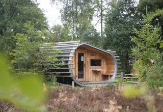 Pequeña casa llamada Boet en De Wije Werelt, Países Bajos, rodeada de vegetación y naturaleza.