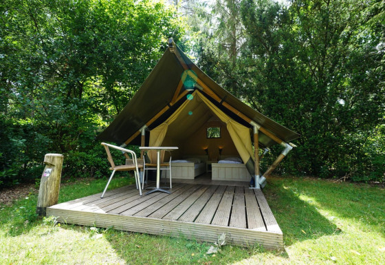 Tienda mini glamping con terraza de madera, dos camas y área de asientos en un entorno natural verde.