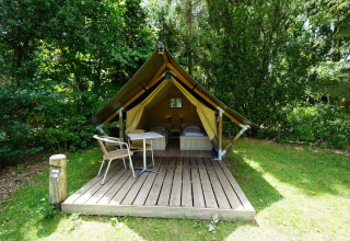 Mini tenda glamping a De Wije Werelt nei Paesi Bassi, con due letti e terrazza, immersa nella natura.