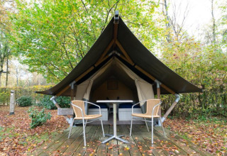 Mini tenda safari glamping a De Wije Werelt, Paesi Bassi, con terrazza, sedie e sfondo boschivo.