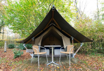 Safari-miniglamptelt ved De Wije Werelt i Holland med udendørs terrasse, stole og smuk skovbaggrund.