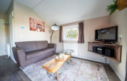 Stue i Boslodge på De Wije Werelt i Holland med sofa, træbord, tæppe og tv på væggen.