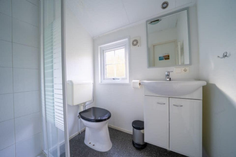 Bagno moderno e luminoso presso Boslodge a De Wije Werelt nei Paesi Bassi con wc, lavabo e cabina doccia.