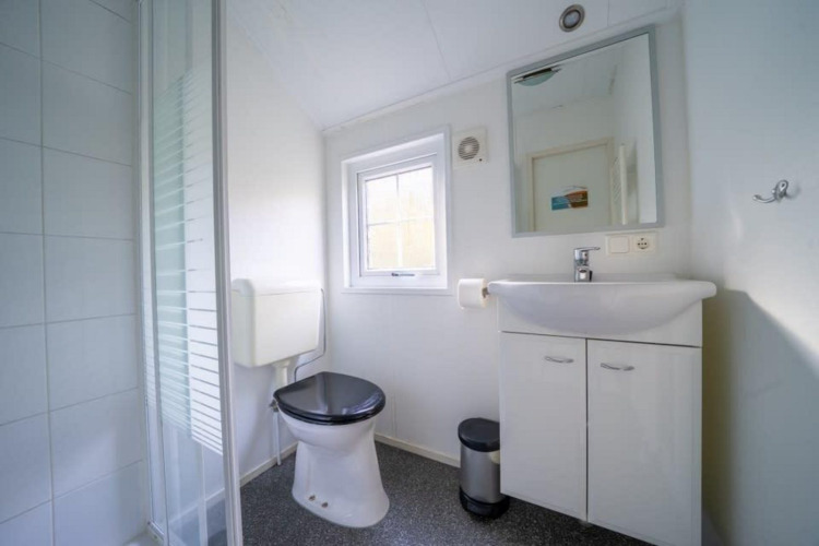 Baño moderno y luminoso en Boslodge de De Wije Werelt en Países Bajos con inodoro, lavabo y ducha.