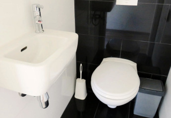Modern toilet bij lodge Velthorst op De Wije Werelt in Nederland, met wasbak, wc en een vuilnisbakje.