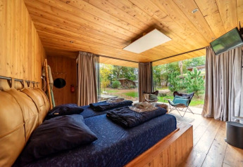 Fred lodge at De Wije Werelt, Netherlands, cozy wood-paneled bedroom with outdoor nature view.