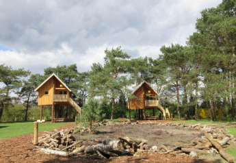 Two wooden treehouses on stilts surrounded by greenery at De Wije Werelt, Netherlands, under cloudy sky.