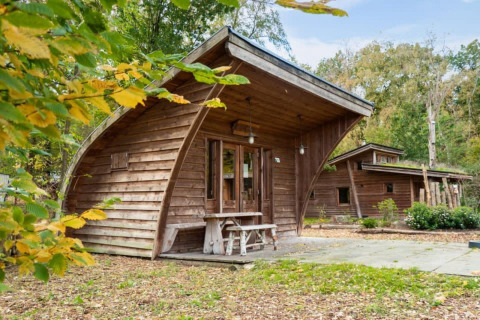 Foto de tiny house Geurt, una cabaña de madera con techo curvo, rodeada de árboles y naturaleza.