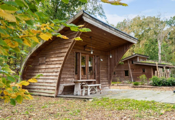 Foto de tiny house Geurt, una cabaña de madera con techo curvo, rodeada de árboles y naturaleza.