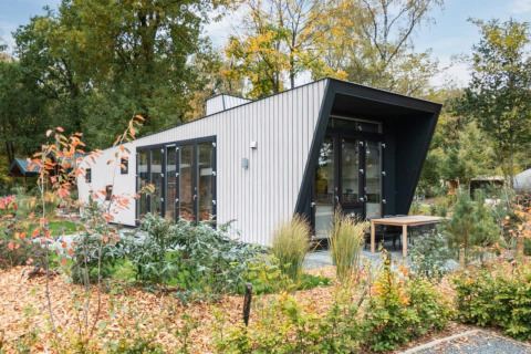 Moderne Lodge Just Nature bij De Wije Werelt in Nederland, omringd door bomen en herfstige tuin.