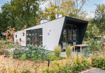 Moderne lodge Just Nature ved De Wije Werelt i Holland, omgivet af skov og frodige planter i efteråret.