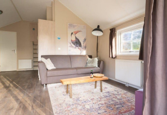 Stue i Boslodge ved De Wije Werelt i Holland med sofa, kunstværk af tukan, bord og stort vindue.