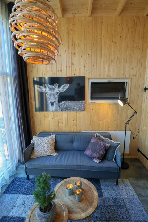 Knusse woonkamer van Tiny House bij Buitenhuizen, Nederland, met houten wanden en hertenschilderij.