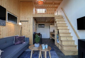 Tiny house moderna con pareti in legno, scala per il soppalco, soggiorno e cucina a Buitenhuizen, Olanda.