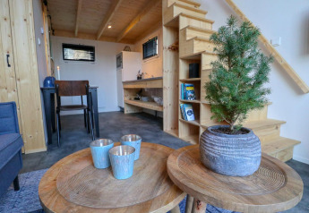 Kleine woonkamer in Tiny House bij Buitenhuizen, Nederland, met houten meubels en trap zichtbaar.