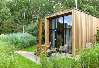 Moderna tiny house a Buitenhuizen, Paesi Bassi, circondata da vegetazione rigogliosa ed erba alta.