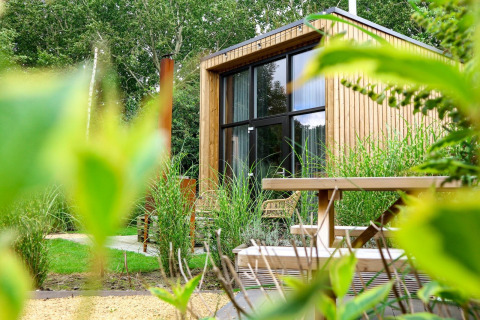 Casa pequeña moderna en Buitenhuizen, Países Bajos, rodeada de plantas verdes y muebles de madera al aire libre.