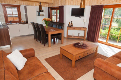 Acogedora cabaña con muebles de madera, sofás de cuero y grandes ventanales en Brunssummerheide, Países Bajos.