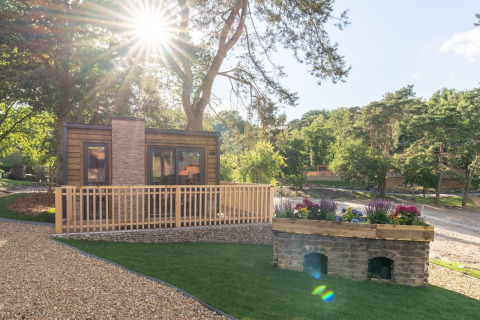 Día soleado en la tiny house Heidelodge, rodeada de árboles, camino de grava y flores coloridas cerca.