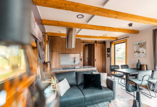Modern living area and kitchen at Heidelodge tiny house in Brunssummerheide, Netherlands, with wood beams.