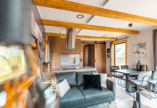 Salon et cuisine modernes à la tiny house Heidelodge à Brunssummerheide, Pays-Bas, avec poutres en bois.