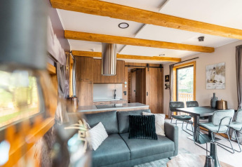 Soggiorno e cucina moderni alla tiny house Heidelodge a Brunssummerheide, Paesi Bassi, con travi in legno.