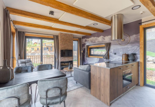 Sala de estar y cocina moderna en la tiny house Heidelodge en Brunssummerheide, Países Bajos, con vistas.