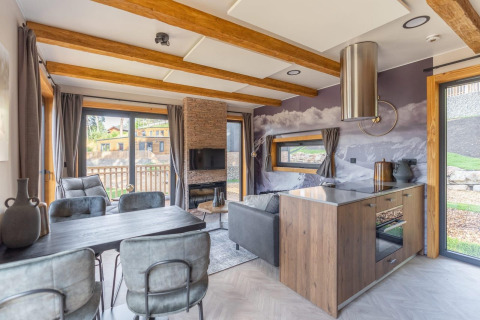Sala de estar y cocina moderna en la tiny house Heidelodge en Brunssummerheide, Países Bajos, con vistas.