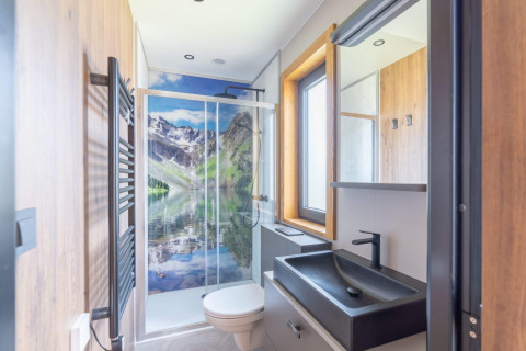 Baño moderno en minicasa de Heidelodge en Brunssummerheide, Países Bajos, con mural de montaña en la ducha.