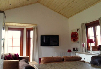 Woonkamer met houten plafond, grote ramen, tv aan de muur en rode accenten in Boekhorst Lodge, Brunssummerheide.