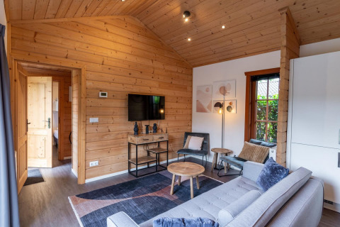 Sala de estar moderna en una cabaña con paredes de madera, sofá, televisor y ventana en Boekhorst Brunssummerheide, Países Bajos.