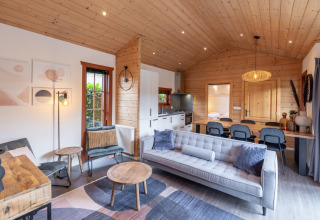 Moderne lodgeindretning hos Boekhorst ved Brunssummerheide i Holland med træpaneler og stilfulde møbler.