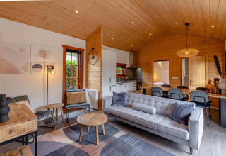 Salon de lodge moderne avec plafond en bois, canapé gris, table à manger et cuisine à Boekhorst, Brunssummerheide.