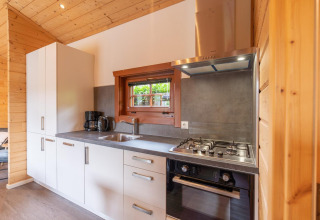 Moderne køkken ved lodge Boekhorst i Brunssummerheide, Nederlandene, med gaskomfur og trævægge.