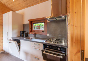 Cocina moderna de una cabaña en Boekhorst, Brunssummerheide, Países Bajos, con estufa y lavavajillas abierto.