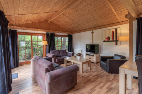 Sala en la cabaña Boekhorst Royal en Brunssummerheide, Países Bajos, techo de madera y sofás acogedores.