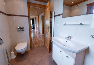 Bagno moderno presso Boekhorst Royal a Brunssummerheide, Paesi Bassi, con wc sospeso e lavabo.