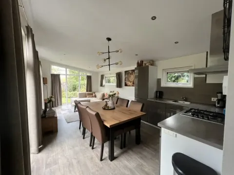 Moderne L-Pavilion lodge in Brunssummerheide, Nederland, met open keuken, eettafel en gezellige woonkamer.