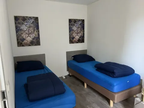 Twee aparte bedden met blauwe lakens en wanddecoratie in een kamer van L-Pavilion, Brunssummerheide, Nederland.