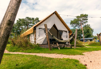 Glampingtent met hangmat en picknicktafel ervoor, te midden van gras en bomen op een camping.
