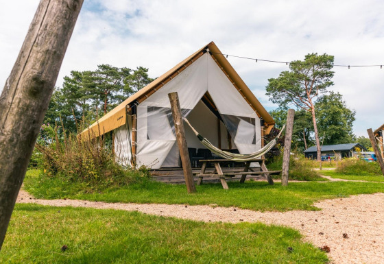 Tienda de glamping con hamaca y mesa al aire libre, rodeada de césped y árboles en un camping.