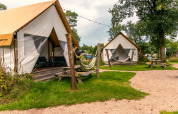Glampingzelt im Reestervallei in den Niederlanden mit Terrasse, Hängematte und Picknicktischen.