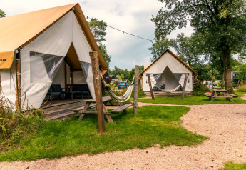 Glampingtelt på Reestervallei i Holland, med hyggelig terrasse, hængekøjer og grønne omgivelser.