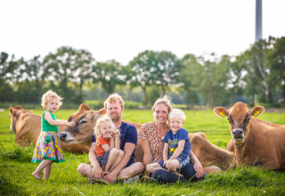 A family with young children sits on grass with brown cows at FarmCamps BoeBaDoe holiday park in Limburg.