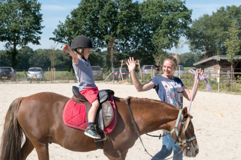A child rides a pony with a helmet and high-fives a smiling instructor at FarmCamps BoeBaDoe in Limburg, Netherlands.