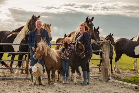 Familieposerer med ponyer, får og heste på FarmCamps De Bonte Fries i Friesland, Holland, under skyet himmel.