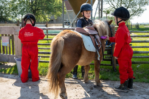 Kinderen in rode pakken en helmen verzorgen een pony op FarmCamps De Bonte Fries in Friesland.