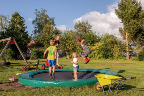 Niños juegan y saltan en una cama elástica en el área verde de FarmCamps De Bosrand, Drenthe.