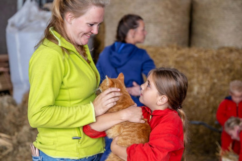 Donna e bambina coccolano un gatto arancione in una stalla a FarmCamps De Buitenhoeve, Gelderland, Paesi Bassi.