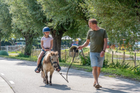A man leads a small pony with a child riding, walking along a tree-lined path at a holiday park.